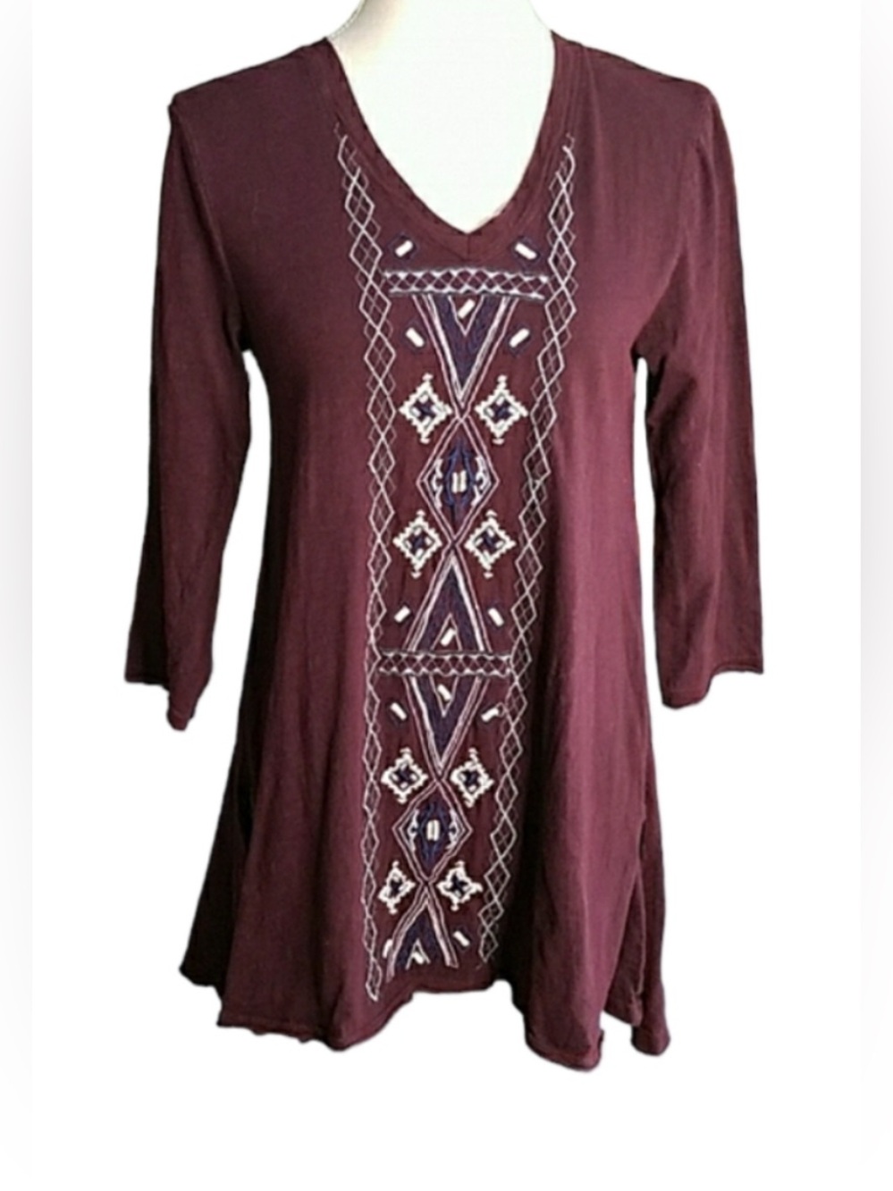 CAITE Boho Lagenlook Embroidered Tunic Top Dark Plum Burgundy Blue Size XL